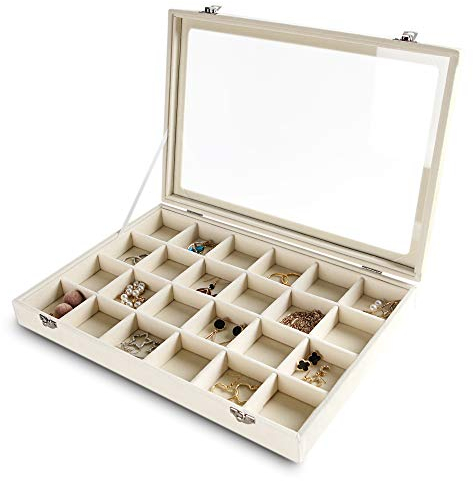 Frebeauty Schmuck Organizer Tablett mit klarem Deckel 24 Gitter Samt Schublade Einsatz Schmuck Aufbewahrungsbox mitGlasdeckel Schmuck Vitrine mit Schloss Geschenke für Frauen (Beige, 24 Gitter)