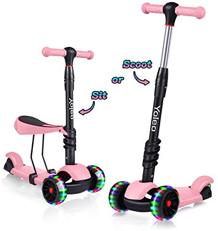YOLEO 3-in-1 Kinder Roller Scooter mit Abnehmbarem Sitz, LED Große Räder, Höheverstellbare Lenker für Kleinkinder Jungen Mädchen ab 2 Jahre(Rosa)