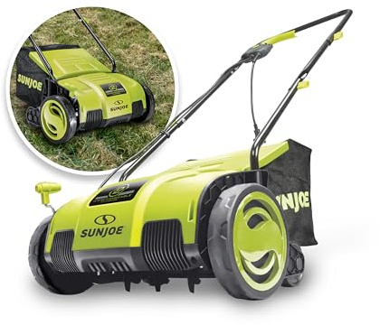 Sun Joe AJ798E - Dethatcher e scarificatore elettrico da 12 Amp 33 pollici con borsa di raccolta rimovibile da 8 galloni, regolazione in altezza in 4 posizioni, tecnologia Airboost aumenta la salute