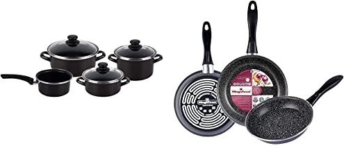 Magefesa Kenia - Batería de Cocina 7 piezas, acero vitrificado exterior negro & K2 Gransasso set 3 sartenes 20/24/28cm, Acero vitrificado exterior, gris, Antiadherente bicapa, efecto piedra