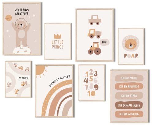 MeinBaby123® Poster Set für Kinderzimmer | 8er Set DIN A4 & DIN 5 | Wandbilder | Deko Bilder | Babyzimmer Deko | Wandposter Premium (Bär & Traktor)
