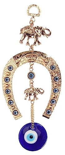 Pssopp Decoración de Pared de Ojo Azul, Colgante de Ojo de Hogar con Herradura de Elefante Dorado Cuentas de Nazar Turco para Regalo de Inauguración de la Casa