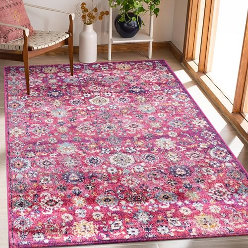 NETLINE HOME Alfombra de área para salón, dormitorio, cocina, comedor, diseño oriental, pelo medio suave, alfombra vintage tradicional, resistente a las manchas (rosa, 80 x 150 cm)