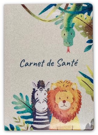 Nemau - Protège Carnet de Santé Enfant en Gomme Expansée – Fabriqué en France - Matière avec Effet Pailleté - Étui Carnet Bébé Fille ou Garçon - Idée Cadeau Naissance - Modèle Animaux des Tropiques