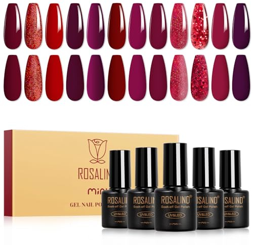 ROSALIND Esmaltes Semipermanentes Rojo, 12 Colors Burdeos Oscuro Rojo Glitter Pintauñas Semipermanentes, Soak Off UV LED Esmaltes Gel Nail Art Manicure Regalo