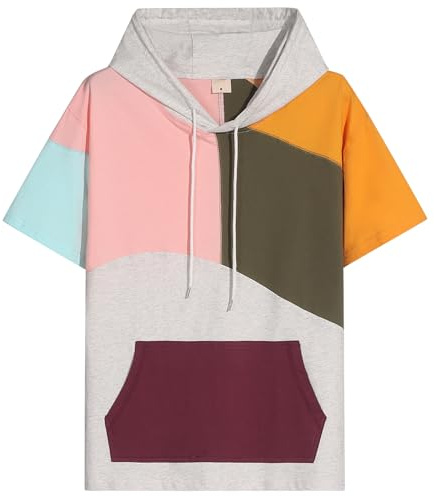 Covisoty Sweat Manche Courte Homme Coton Tee Shirt à Capuche Color Block Pull à Capuche L'été Hoodie