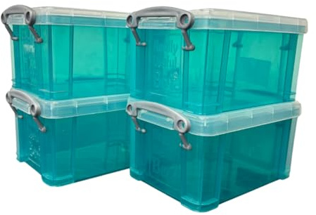 Really Useful Generic 0.7L Clear Plastic Storage Boxes with Lids, Set of 4 (Aqua), 15.5 cm (L) x 10 cm (W) x 8 cm (H), Basic, Stackable