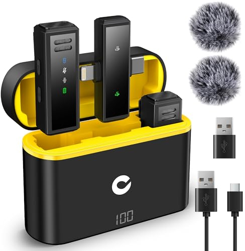 CAHAYA Microfono Lavalier Wireless per Iphone: Microfoni Wireless 2,4GHz con Custodia di Ricarica Compatibile con iPhone Android per Fotocamera PC