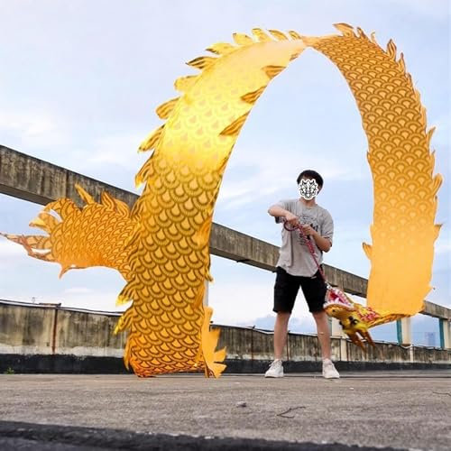 Streamer drago giocoliere, streamer drago fluido in seta, bilancia dorata drago Poi con corda for la testa, lancio drago fitness all'aperto for tetto/cortile, giochi di drago di danza for esercizi qua