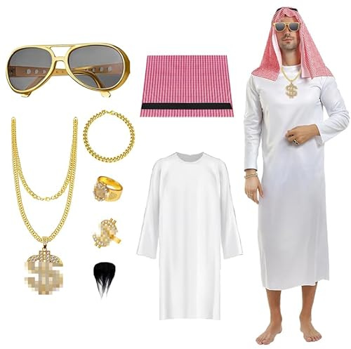 Mino Plus arabisk kostym för män, lekdräkt vuxen vit klänning, arabisk kostym set, Sheikh arabisk kostym för män med ringar, för karneval, fest, cosplay