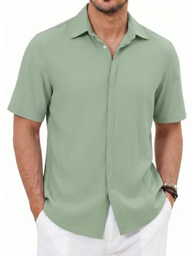 Enlision Camisa Hombre Verde Claro Mangas Cortas Casual Verano Camisas para Hombres Botón Ajuste Regular Casuales Shirts L