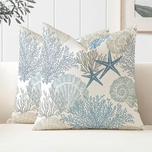 Juego de 2 Fundas de Cojines 45x45 Impermeables Verano Decoracion Hogar Funda para Cojin Azul Océano Estrella de Mar Funda de Almohada para Salon de Estar Dormitorio Sillas Jardin