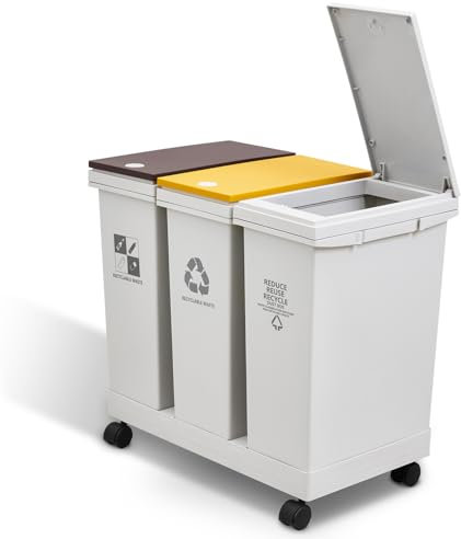 Warmiehomy Recycling Bins 60L Triple Compartmentst Bin Kitchen Trash Can with Lids Detachable Rubbish Bin with Wheels Press Dry Wet Separation Waste Bin for Living Room, Bathroom,57x34x52.5cm
