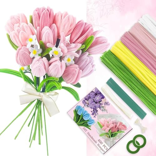 GENHH Pfeifenreiniger Blumen Bastelset, 400 Stück Pfeifenputzer zum Basteln, Bouquet Pfeifenreiniger Set 5 Farben Pipe Cleaner Chenilledraht für DIY Blumenstrauß Papier Geschenke Dekorieren(Rosa)