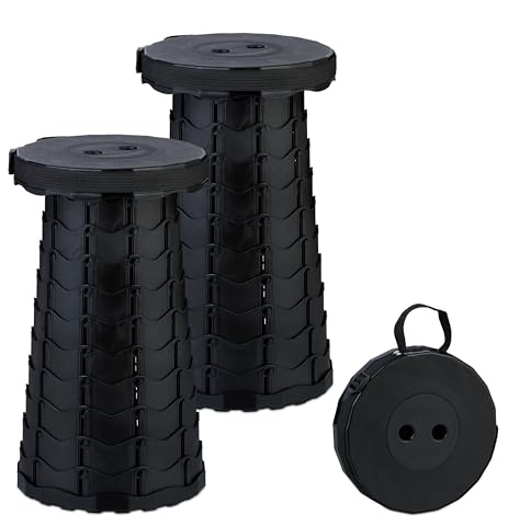 Relaxdays Teleskophocker 2er Set, faltbar, Tragegurt, Outdoor, höhenverstellbarer Campinghocker, HxD 44,5x25 cm, schwarz
