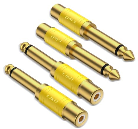 J&D RCA Cable to 1/4 Audio Adapter 4-Pack, 6.35mm Mono Plug Male to RCA Female Connector, Gold-Plated Connectors, Yellow