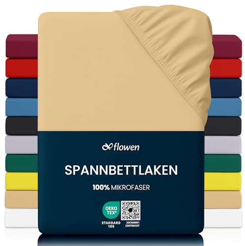 Flowen Spannbettlaken 180x200 cm Mikrofaser Spannbetttuch Beige für Bett Atmungsaktive Hypoallergene Bettlaken Anti-Milbe Leicht Weich und Knitterfrei mit 30 cm Tiefe Tasche Maschinenwaschbares