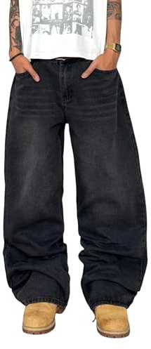 QGRSWBC Mens Wide Leg Jeans Super Baggy Pants Y2k Loose Fit Denim Jeans Skater Trousers Streetwear Black Grey S