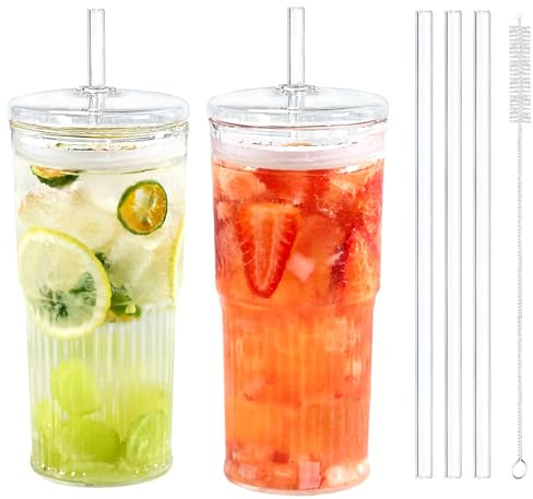 Puraville 600ml 20oz Glass Cups with Lids and Straws, 2 Pack High Borosilicate Iced Coffee Cups Drinking Glasses Tumbler for Smoothie, Water, Tea, Juice Drinks, Clear