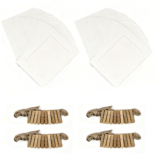 PONGH 40 Stück Fotogirlande, 10x15 cm Bilderrahmen aus Kraftpapier, Fotoleine mit Klammern und Hanfseilen Papier Bilderrahmen Weiß für Hochzeit Geburtstag Jubiläum Party
