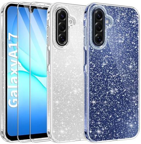 AROYI 3-i-1 klart glitterfodral för Samsung Galaxy A17 med 2 HD-skyddsfolier, gulningsbeständigt, stötsäkert och reptåligt skyddsfodral, tunt mjukt TPU-mobiltelefonfodral, transparent