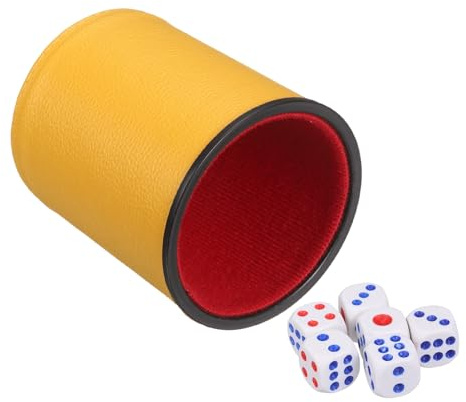 sourcing map Felt Lined Professional Dice Cup, PU Leather Quiet Shaker Cups Includes 6 Dot Dice for Bar Gatherings Party Board Games, Yellow