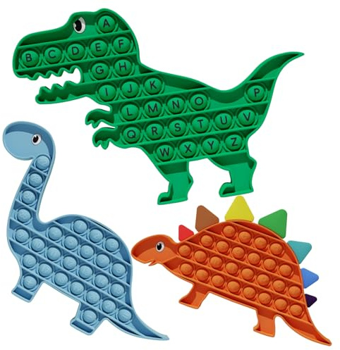 3 Pack Pop Fidget Toy Its with Alphabet, Sensory Fidget Poppers ABC Learning Toys for Kids， Silicone Dinosaur Pop Anxiety Stress Relief it Game for Classroom (Multiple Colors Dinosaur)
