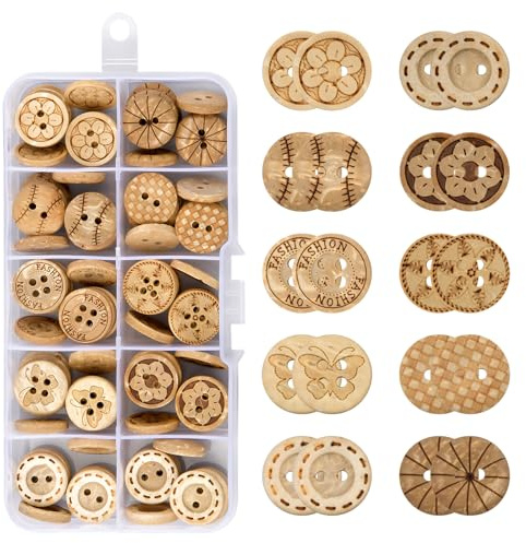 100 Piezas Botón de Madera Natural, 2/4 Agujeros Botón de Coco Redondo, Botones para Manualidades,15mm, Varios estilos