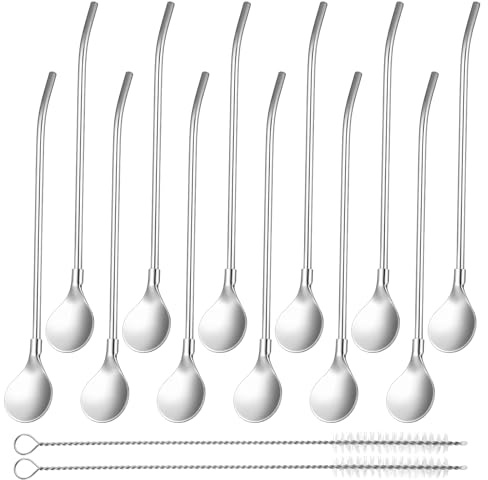 TIESOME 12 cannucce in acciaio inox con estremità del cucchiaio, cucchiaio 2 in 1, con 2 spazzole per la pulizia per latte macchiato, cocktail e frappè, argento