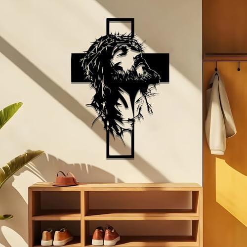 Decorazione murale in Metallo Moderna e Minimalista, Gesù sulla Croce, Scultura Religiosa Nera con Caratteristiche facciali Dettagliate, Verticale, da Appendere all'Interno, per ca