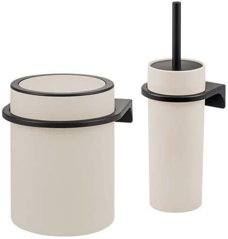 bremermann Savona - Juego de 2 piezas para baño (superficie de goma suave al tacto, incluye soporte de pared para pegar o taladrar, cubo cosmético moderno de 5,5 litros y escobilla de plástico (beige)