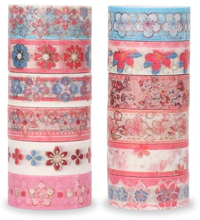 Lot de 12 rollos de cinta washi – Cinta adhesiva decorativa de flores de cerezo con hoja de oro, cinta de enmascarar para scrapbooking, diario bullet, bricolaje y envoltorio de regalo – Set de regalo