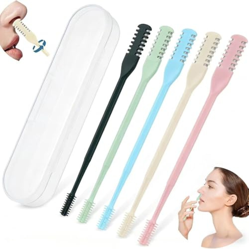 5 Pack Manual Nose Hair Trimmers with Double-Sided Head, 360° Rotating Nasal Hair Remover Sticks with Storage Case, Reusable Portable Nose Grooming Tools for Men and Women