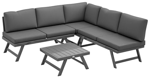 Outsunny Salon de Jardin Extérieur d'angle Convertible 4 Pièces Gris | 2 Banquettes, 1 Fauteuil, 1 Table Basse, Mobilier Aluminium et Acier, Terrasse Balcon