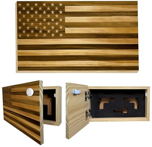 American Flag Hidden Gun Safe - Quick Access Hidden Gun Shelf - Concealment Shelf with Magnetic Lock - Wall Gun Safe for Secure Firearm Storage - Handcrafted In USA by Bellewood Designs (Natural)