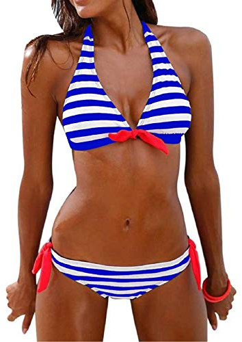 Voqeen Costumi da Bagno Donna Mare Due Pezzi Push Up Bikini Costume da Bagno Halter Capestro Bendare Bandeau Top Sexy Abito da Bagno Spiaggia Estiva Beachwear Swimwear Swimsuit(Blu,M)
