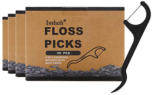 Natural Dental Floss Picks - 200 Count - PETA Approved, BPA Free, Vegan, Sustainable, Eco Friendly, Natural Dental Flossers by Isshah (Charcoal)