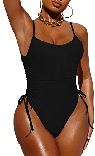 Pink Queen Womens One Piece Drawstring Tummy Control Swimsuit Black M