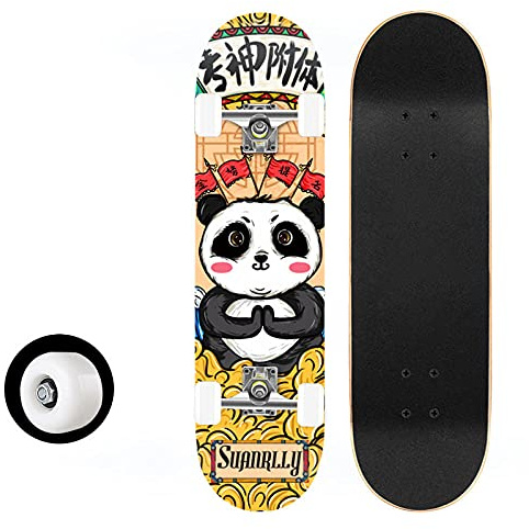 Skateboard Panda Carino Skateboard Bambino 7 Strati in Legno d'Acero Skate con Cuscinetti a Sfera ABEC-7 Longboard Double Kick Concavo Adulto Skateboard Professionale Ragazza
