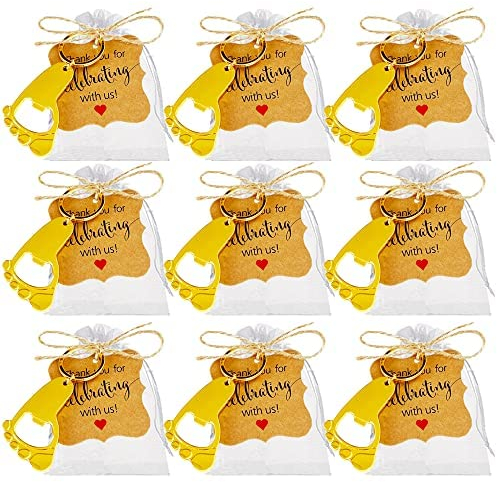 Amajoy Lot de 30 porte-clés empreinte de pied avec décapsuleur, cadeau prénatal, anniversaire, sac organza, étiquette