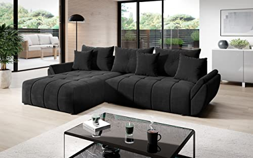 Vigo Velvet Monolith Ecksofa in L-Form 280 cm x 190 cm - Schlafsofa mit Bettkasten - Couch mit Stauraum und Kissen - Sofa mit Schlaffunktion - Ausziehbares Schlafsofa - Farbe: Schwarz (M-95)