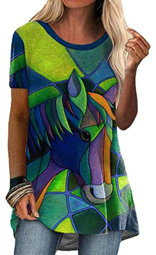 ORANDESIGNE T-Shirt Long Femme à Manche Courte T-Shirt Col Rond Blouse Eté Ample Casual Tops Imprimé Ethnique Colorées Tee Shirt Mode Tops T-Shirt Lâche Haut Long Blouse Tunique Vert 02 XXL