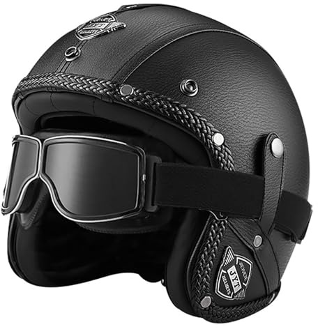 EBAYIN Motorradhelm, Halbhelm Retro Harley Lederhelm Mofa-Helm Motorradhelm 3/4-Helm Jethelm Vintage-Pilotenhelm ECE Zertifiziert Cruiser Chopper Roller mit Schutzbrille,E-XL=(61~62cm)
