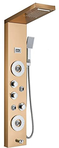 ELLO&ALLO Stainless Steel Shower Panel Tower System,LED Rainfall Waterfall Shower Head 6-Function Faucet Rain Massage System with Body Jets, Brushed Gold