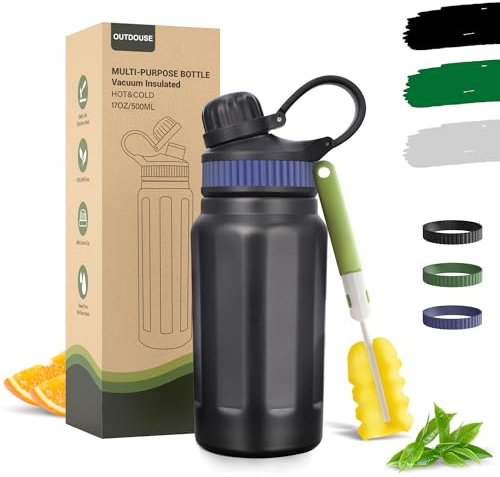 Botella Termica y Termo Agua Fria, Botella Agua Acero Inoxidable,Botellas de Agua de Fugas-500 ML/800 ML con Pajita, 3 Bandas de Silicona Intercambiables, Cantimplora Sin BPA para Viajes (500 ML)