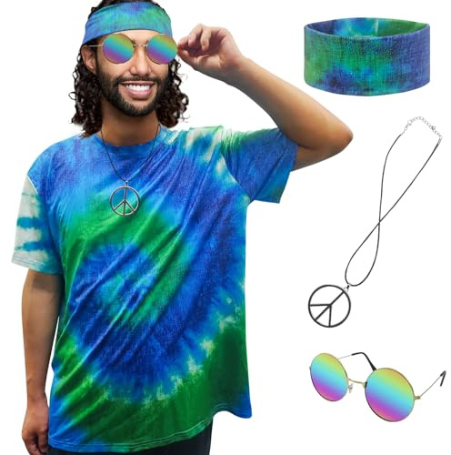 XonyiCos Costume hippie per uomo e donna anni '60 e '70 t-shirt colorata occhiali da sole fascia collana della pace 4 pezzi festa a tema (blu, 4 pezzi, XXL)