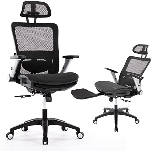 COLAMY Ergonomischer Bürostuhl mit Fußstütze – Hochlehner Mesh-Stuhl mit 4D-Armlehnen, Verstellbarer Kopfstütze & Lordosenstütze – Atmungsaktiver Netzstoff, Neigungssperre – Schwarz