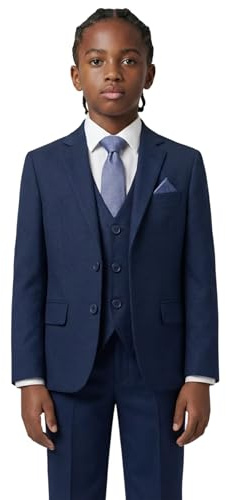Boys' 7-Piece Self-Patterned Navy Blue Suit Set – Slim Fit Wedding Special Occasion Outfit Size 9 Years UK