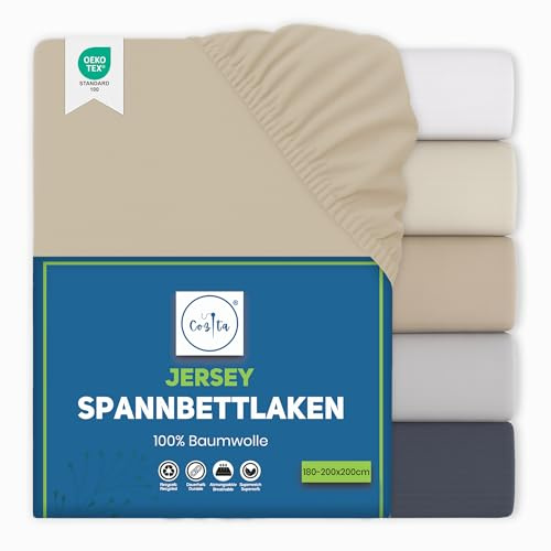 Cozita Basics Spannbettlaken 180x200cm - 100% Baumwoll Jersey Bettlaken, Öko-Tex Zertifiziert, bis 25 cm Matratzenhöhe – Beige