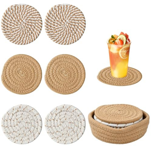 Ensemble de sous-Verres Absorbants, 6 Pièces Dessous de Verre Ronds en Coton Tressé Faits à la Main, sous-Verres Boho avec Panier de Rangement, sous-Verres pour Cuisine, Table à Manger, Bureau, Cafés